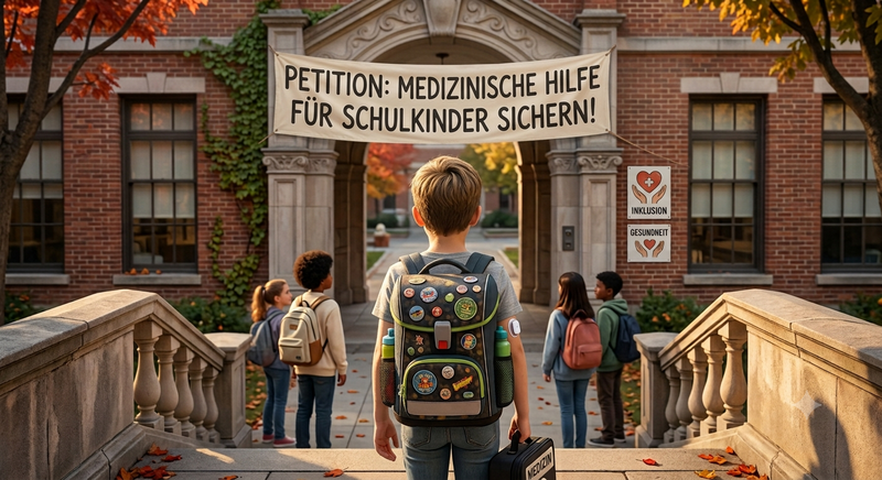Schulkind mit Schulranzen und medizinischen Symbolen als Zeichen für die notwendige Versorgung.
